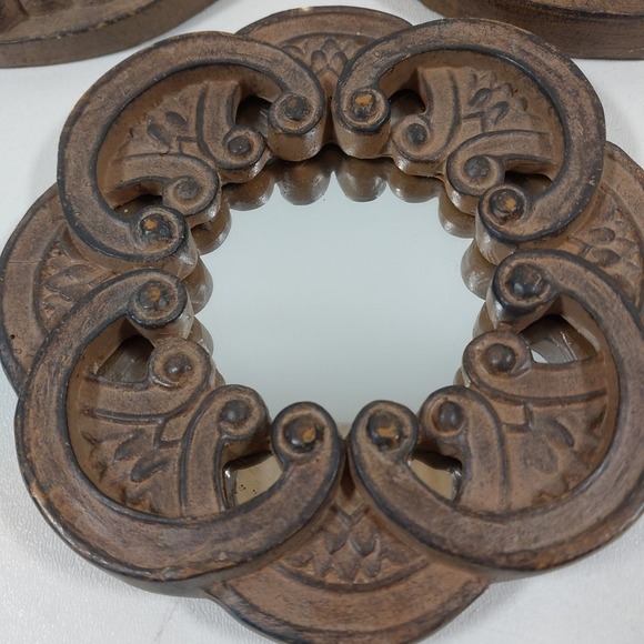 Set of 3 Ornate Round Framed Mirror Wall Decor Bronze Heavy Resin 1980's 6" - Picture 4 of 6